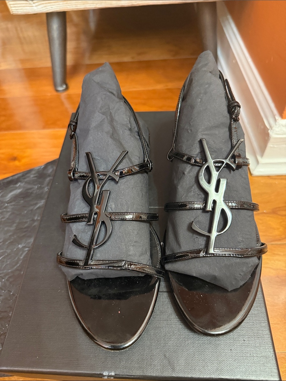 Yves Saint Laurent Black Patent Leather Logo Strappy Heels